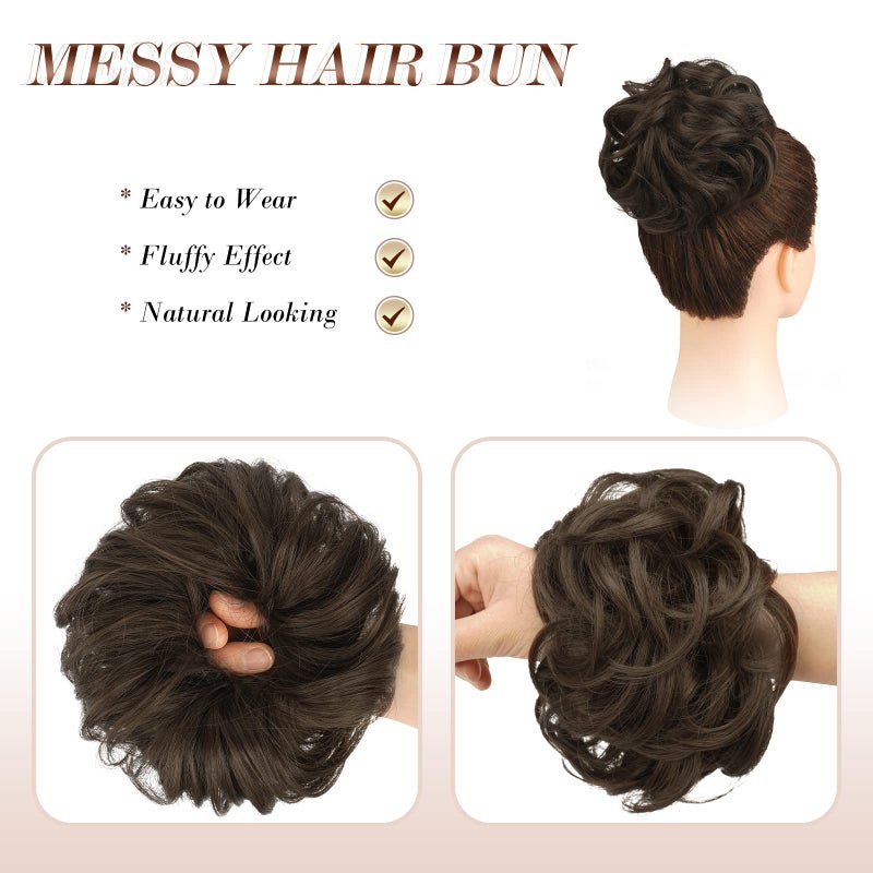 FESHFEN Messy Bun Hair Piece - Large Elastic Wavy Curly Hair Bun Scrunchies Ponytail Extensions Synthetic Chignon Hairpieces for Women, Golden Brown 1.94oz - Image 3